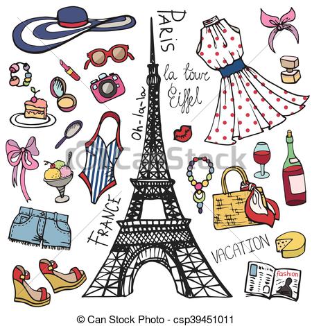 Vector Clip Art of Paris France fashion Summer set.Woman,girl.
