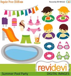 Girls Pool Party Cute Clipart, Pool Party Clip Art, Summer Party.
