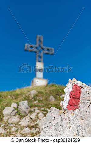 Stock Photos of Trail sign in the mountains near the summit cross.