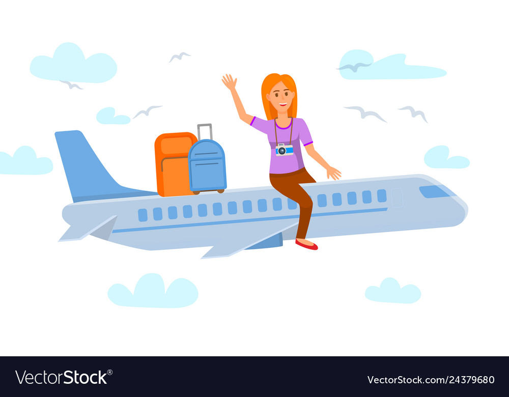 Young woman sitting on airplane flat vector image.