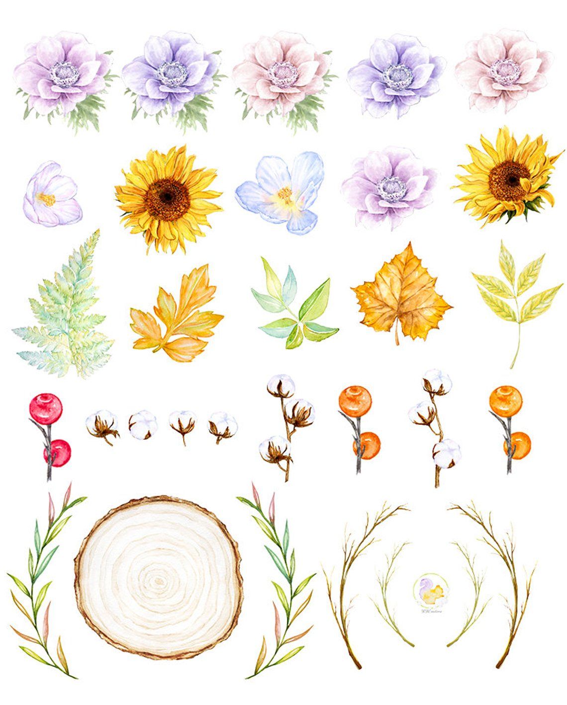 Forest Flower Clipart, Sunflower Wreath, Wedding Floral.