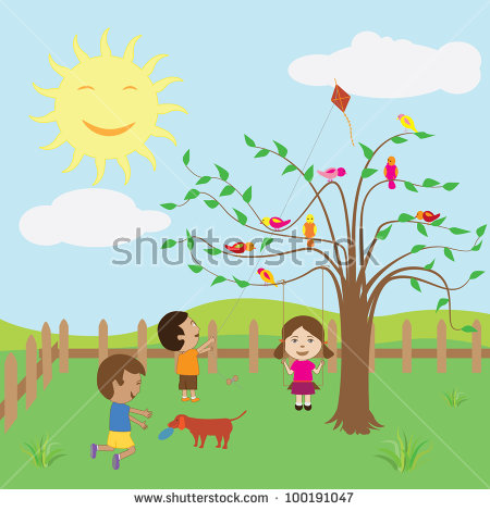 Kids Enjoying Sunny Day Backyard Stock Illustration 100191047.