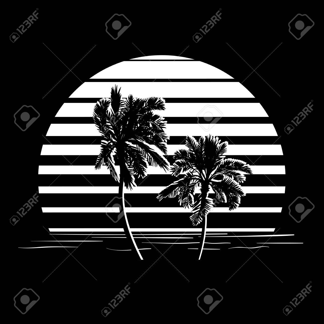 Palm Tree Sunset Clipart Black And White.