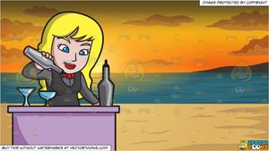 A Female Bartender Pouring Some Drinks Behind The Bar and Beach Sunset  Background.