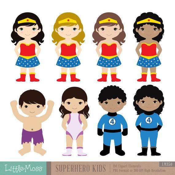 36 Kids Superhero Costumes Clipart, Superheroes Kids Clipart.