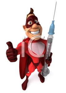 3D Superhero with a Syringe Needle Giving a Thumbs Up.