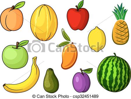 Vector of Farm colorful sweet fruits in cartoon style.