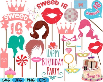 Sweet 16 Props 16th Sixteen Pink Party Décor Lips Clipart birthday SVG hats  177s.