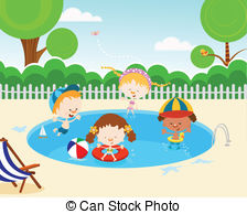 Kids swimming in sunny day illustration..