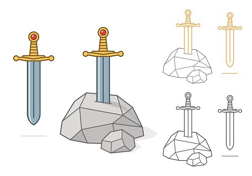 Excalibur theme sword and stone Clipart Image.