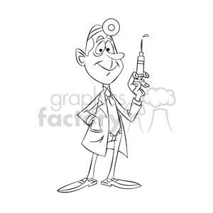 doug the cartoon doctor holding a hypodermic needle black white clipart.  Royalty.