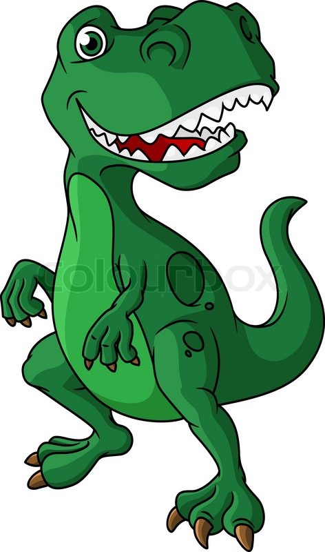 Green cartoon dinosaur with a mouth full of sharp teeth standing.
