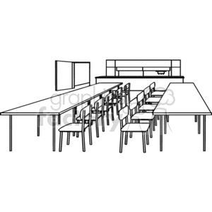 Black and white outline of a classroom with tables and chairs clipart.  Royalty.