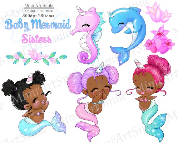 African American Baby Mermaid Sisters Clipart Dark,Cute.