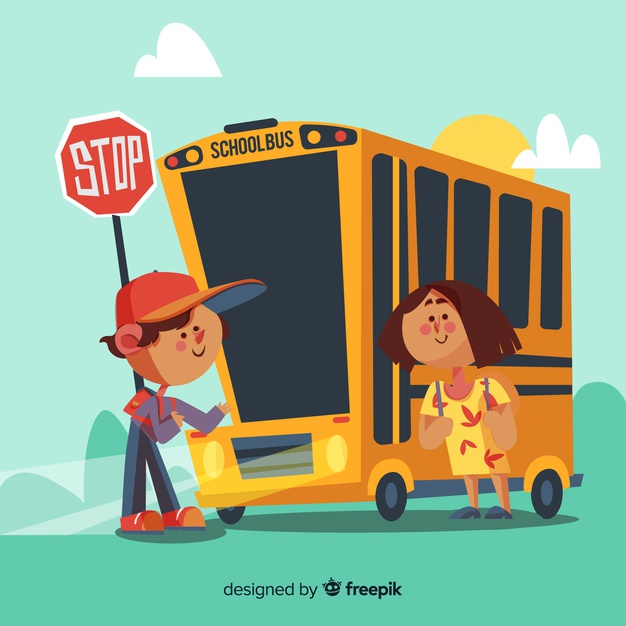 Illustration of boy and girl taking the bus back to school.