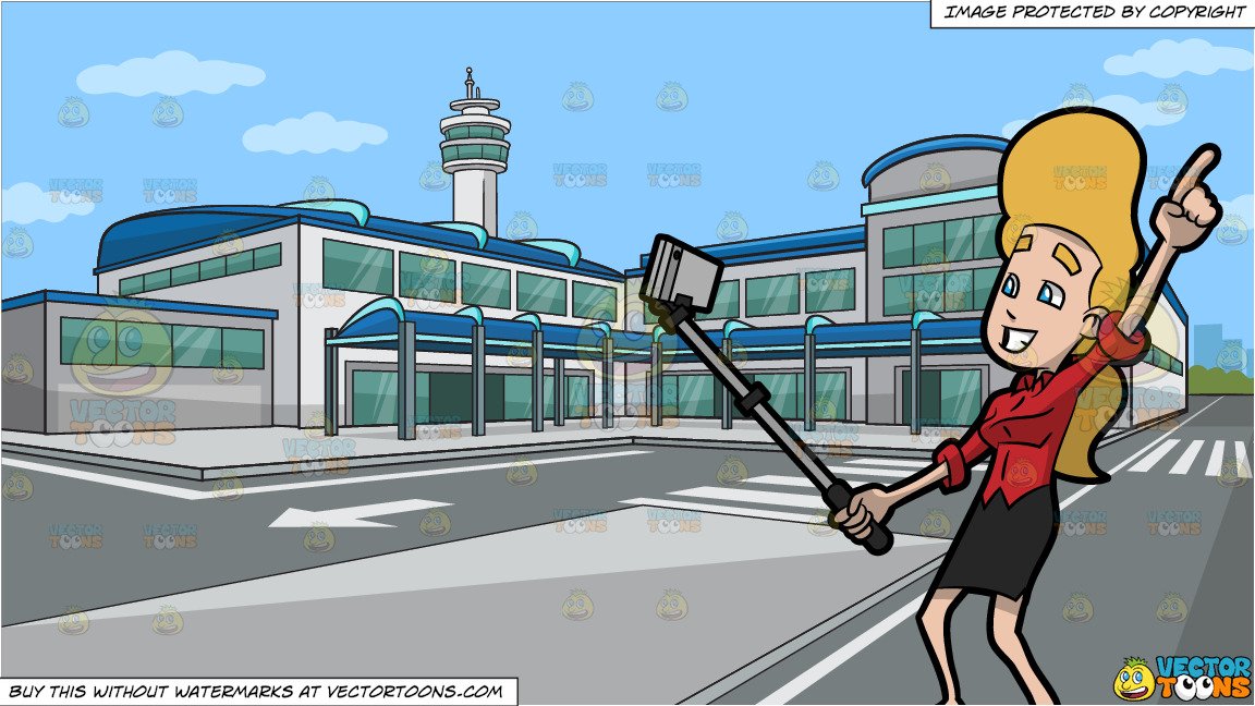 A Woman Using A Monopod To Take A Selfie and Outside An Airport Terminal  Background.