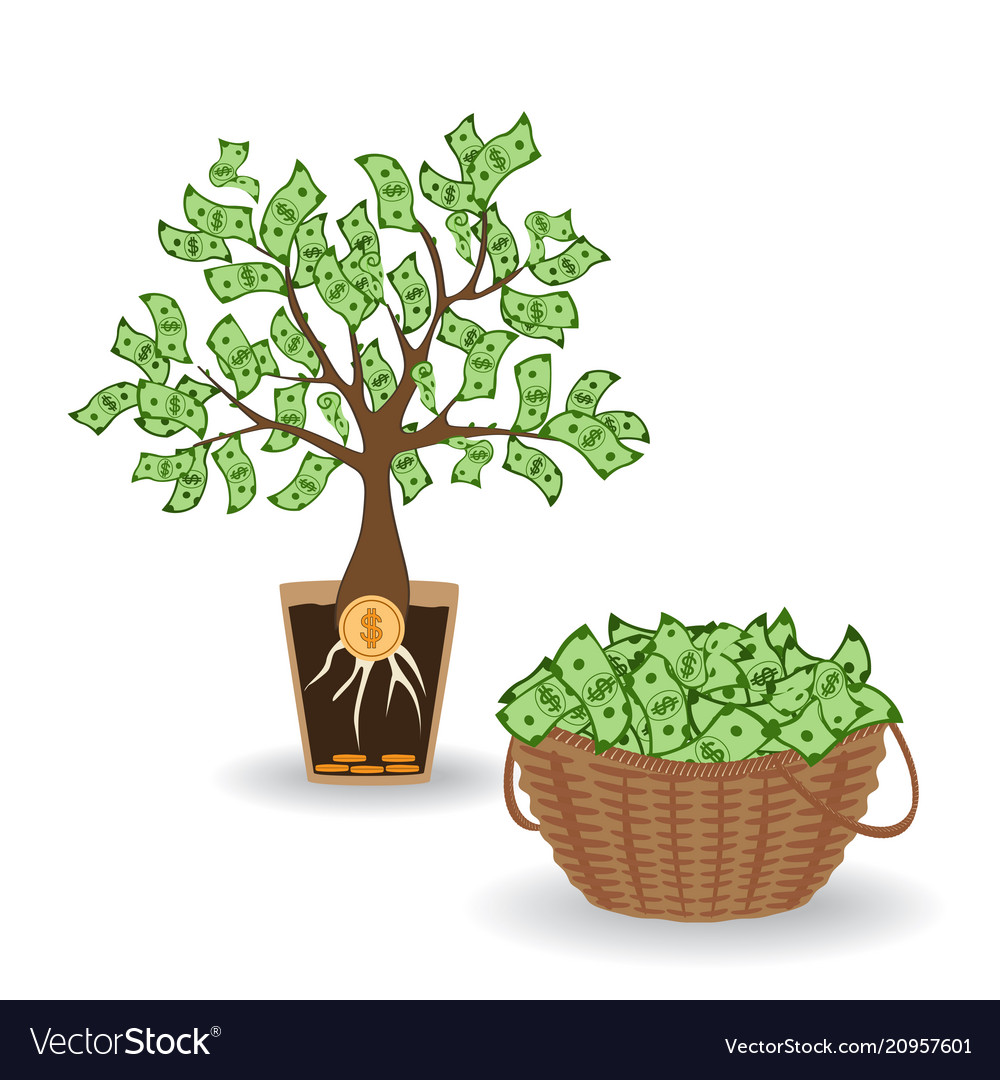 Money tree with a coin root green cash banknotes vector image.