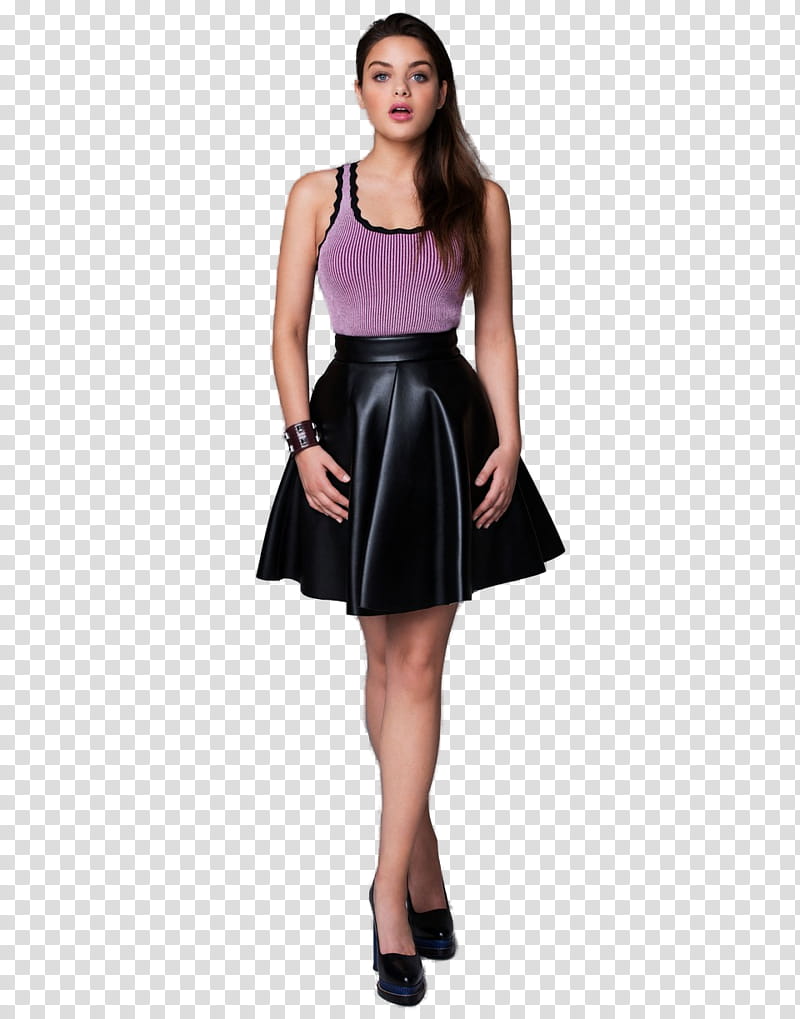 Odeya Rush, women\'s purple tank top and black mini skirt.