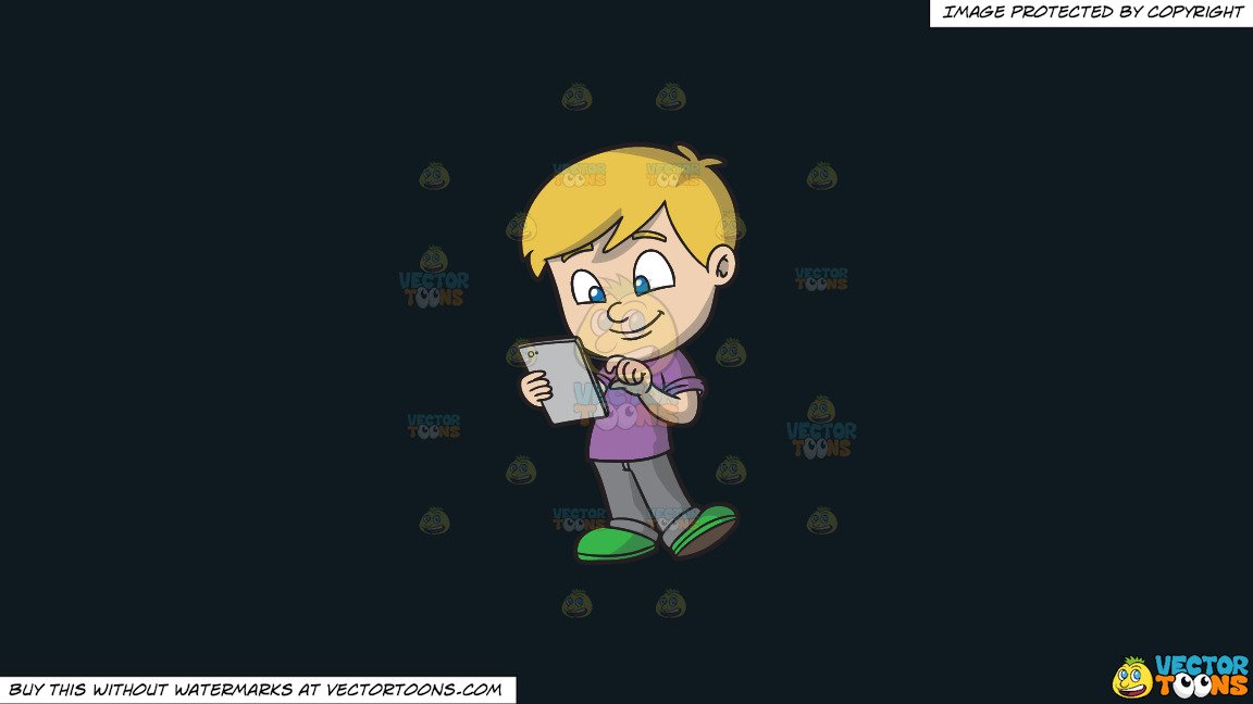 Clipart: A Nice Boy Tapping The Screen Of His Mobile Tablet on a Solid Off  Black 0F1A20 Background.