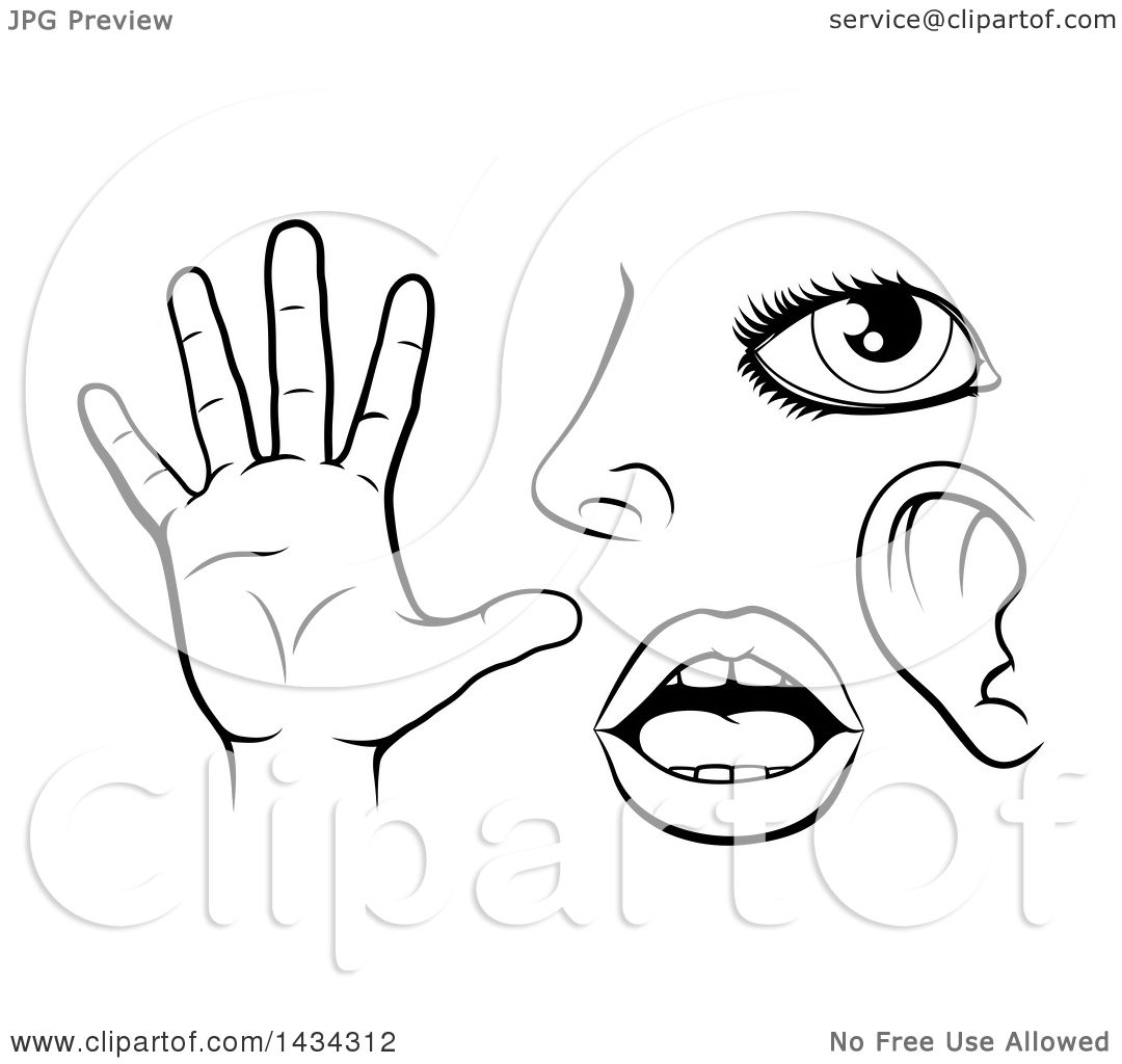 Clipart of Black and White Icons of the Five Senses, Sight, Smell.