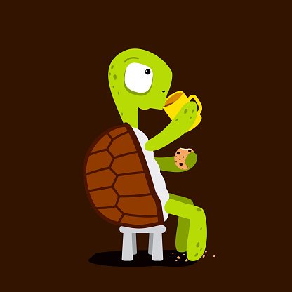 Turtle drinking tea with cookies Clipart Image.
