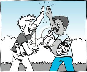 A Colorful Cartoon of Two Boys High Fiving Each Other.