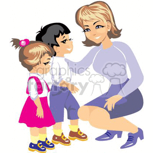 A Teacher Leaning Down to Talk to the Two Small Children clipart.  Royalty.