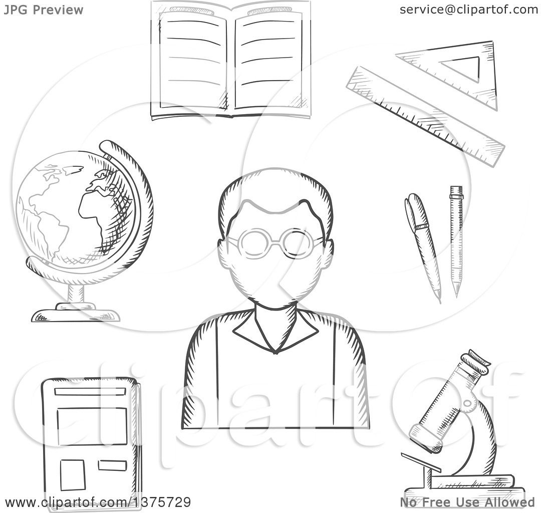 Clipart of a Grayscale Sketched Teacher Surrounded by a Notebook.
