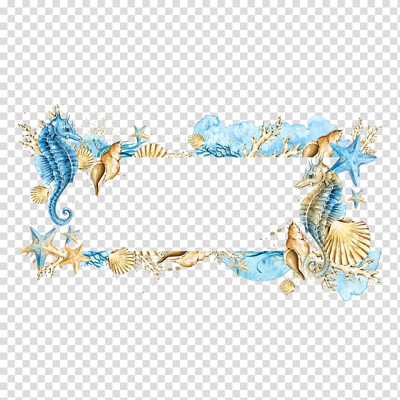 Brown and blue seahorse illustration, , Shells Starfish.