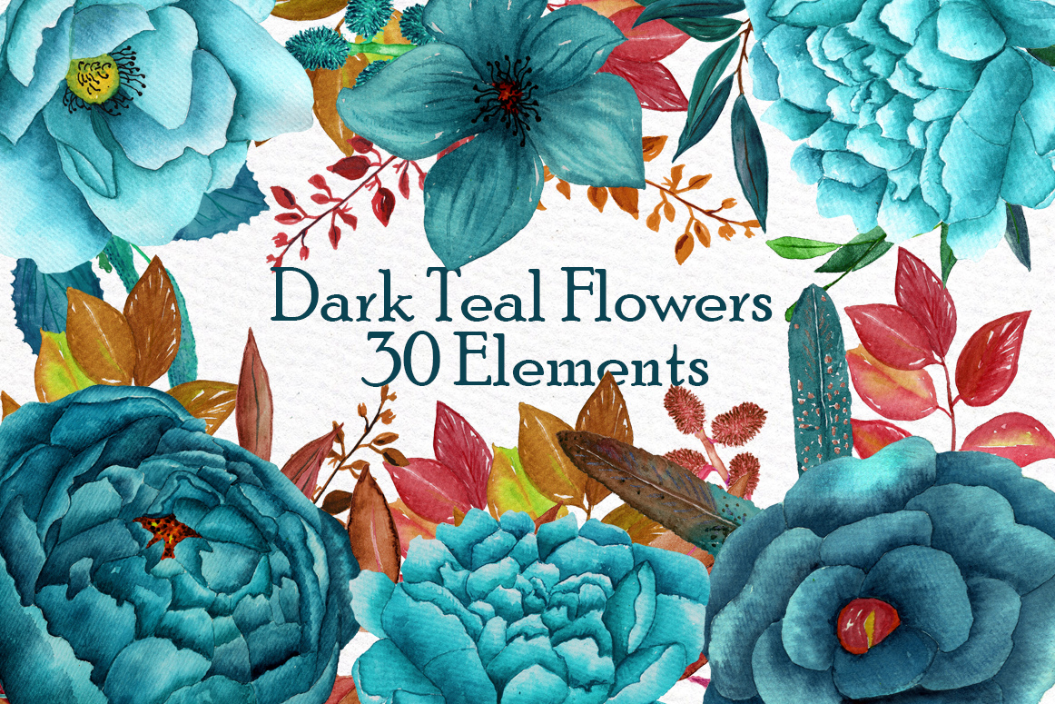 Watercolor teal flowers clipart.