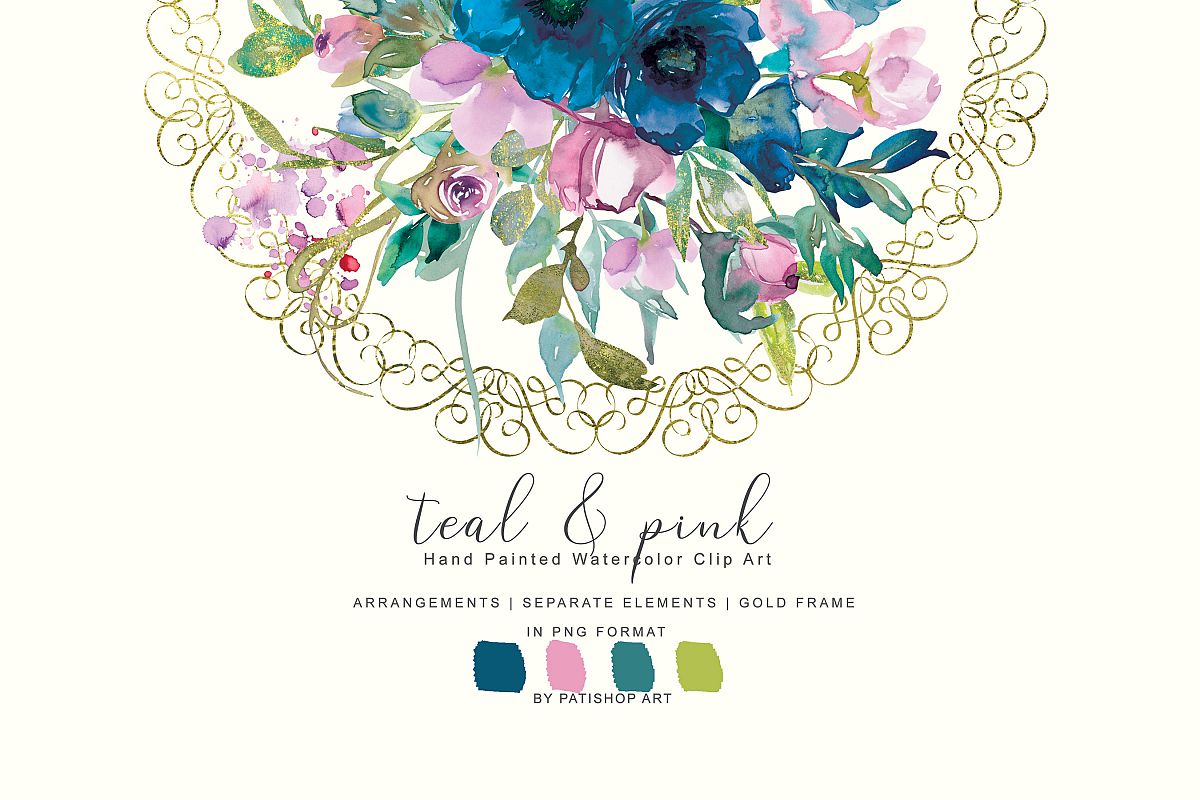 Watercolor Teal & Pink Flowers Clipart Set.