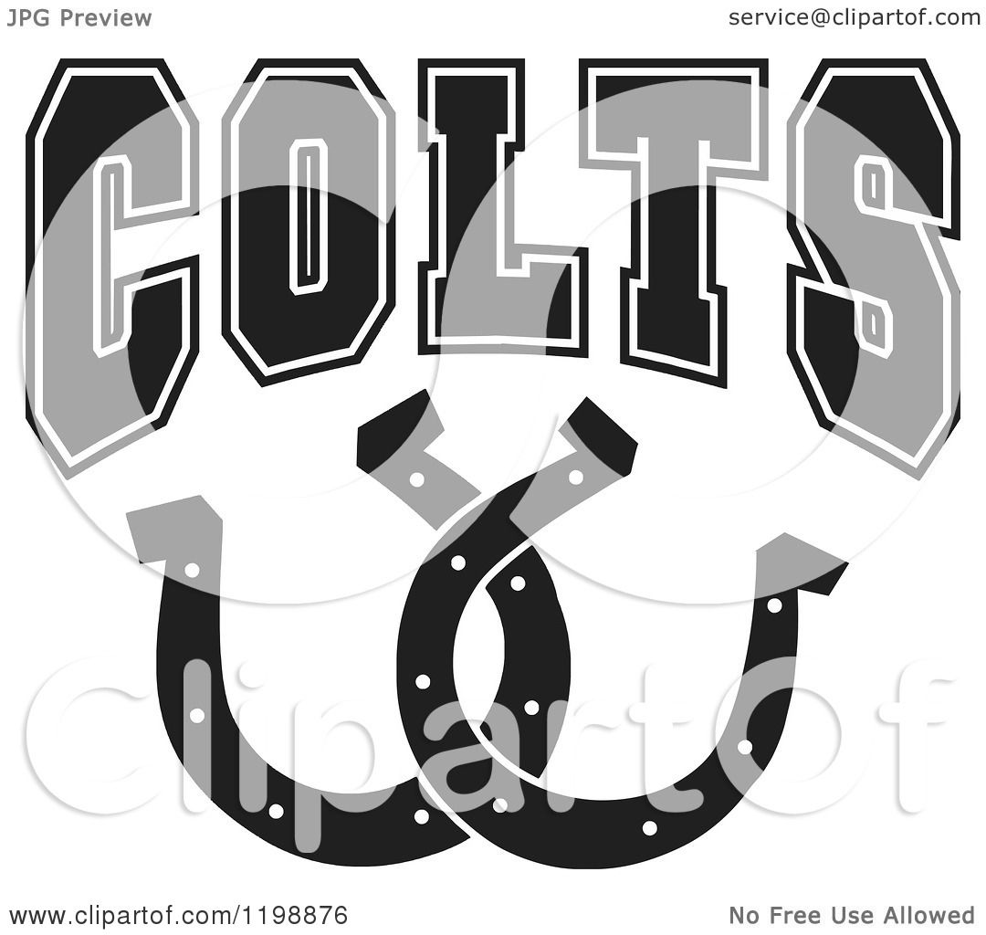 Clipart of Black and White COLTS Team Text over Horseshoes.