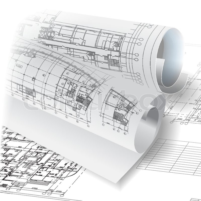 Architectural background with rolls of technical drawings. Vector.