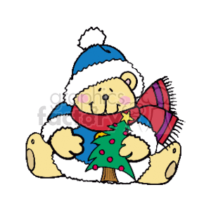 christmas teddy bear holding a christmas tree clipart. Royalty.