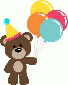 Cute birthday bear holding balloons.
