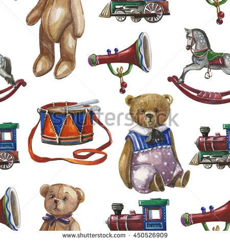 Watercolor pattern with vintage Christmas toys, teddy bear.