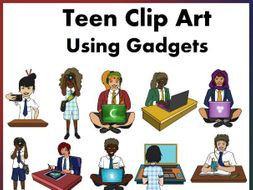 Teens Using Gadgets in Uniform Clip Art.