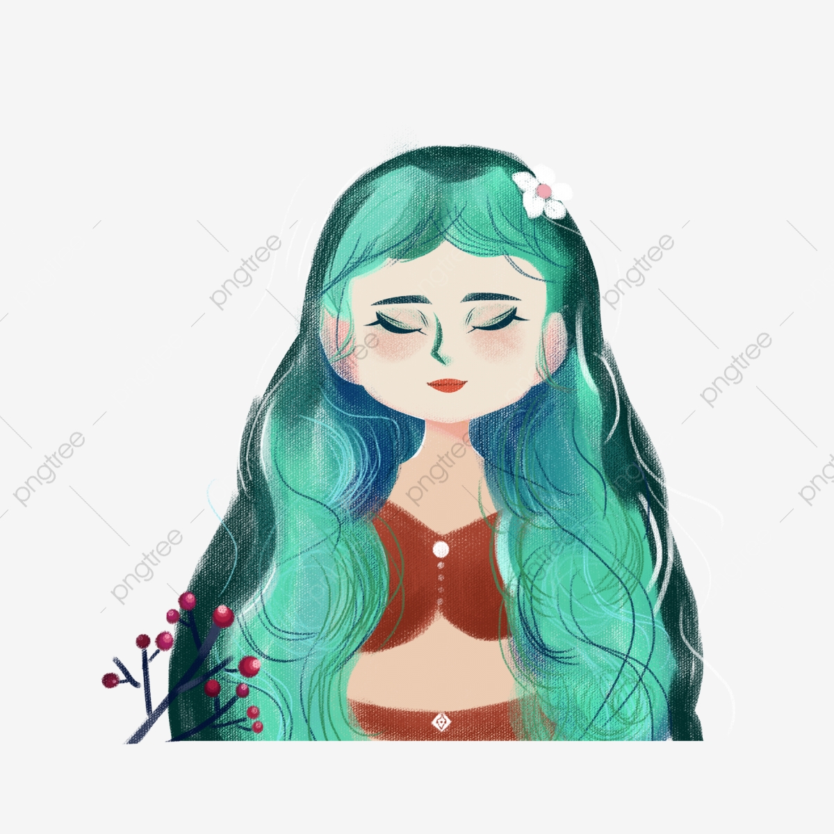 Beautiful Girl Cartoon Element With Green Long Hair.