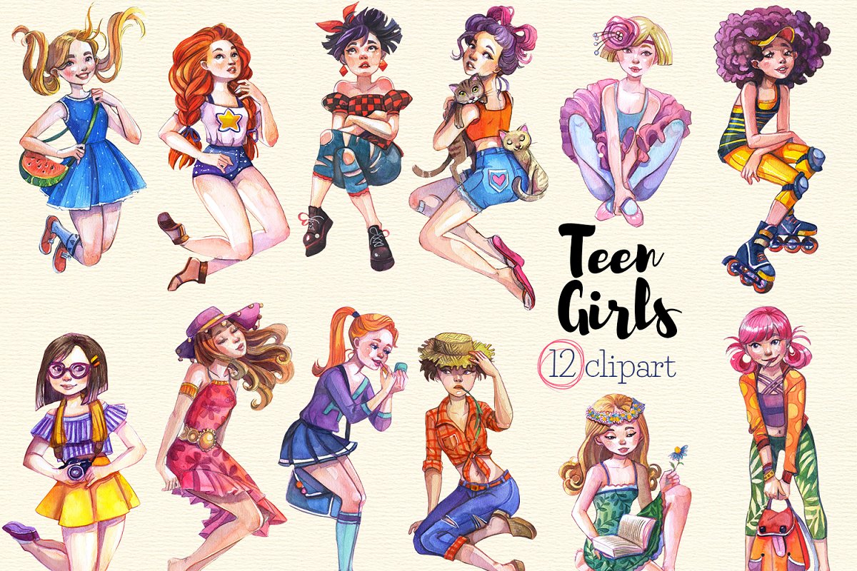 Teenage Girls Clipart ~ Illustrations ~ Creative Market.