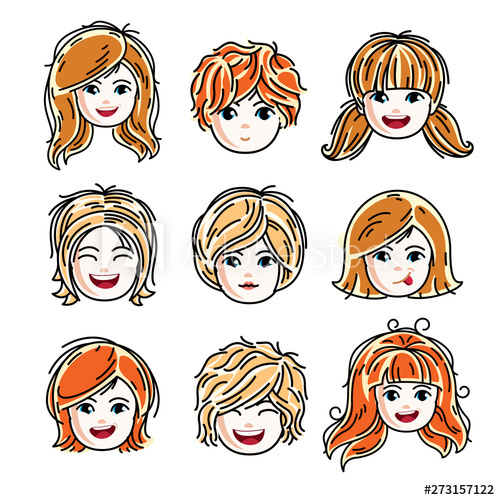 Collection of cute smiling girls faces expressing positive.
