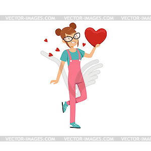 Teen girl in glasses holding red heart, Happy.