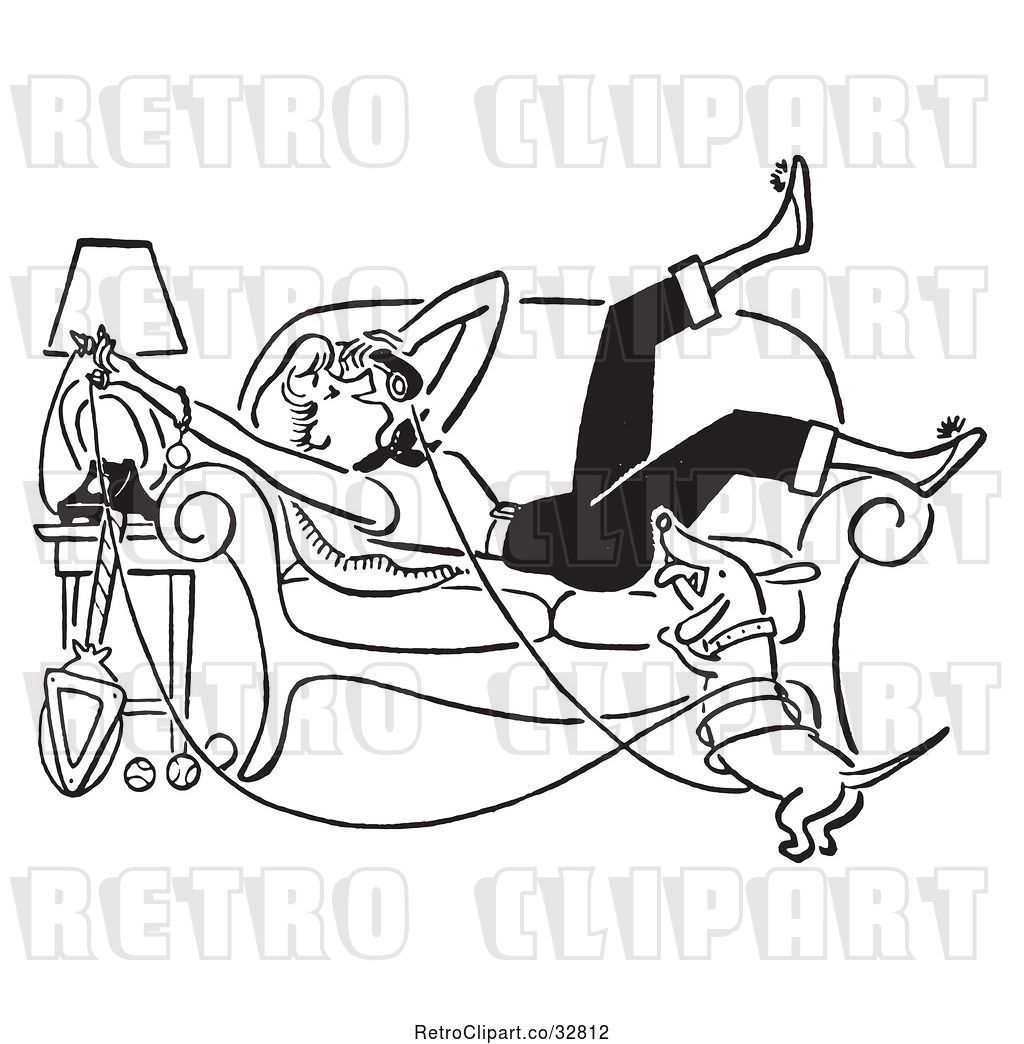 Vector Clip Art of Retro Weiner Dog and Teen Girl Laying on.