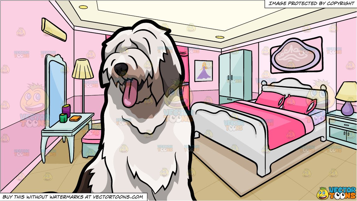 An Old English Sheepdog Hanging Around and A Bedroom Of A Teenage Girl  Background.