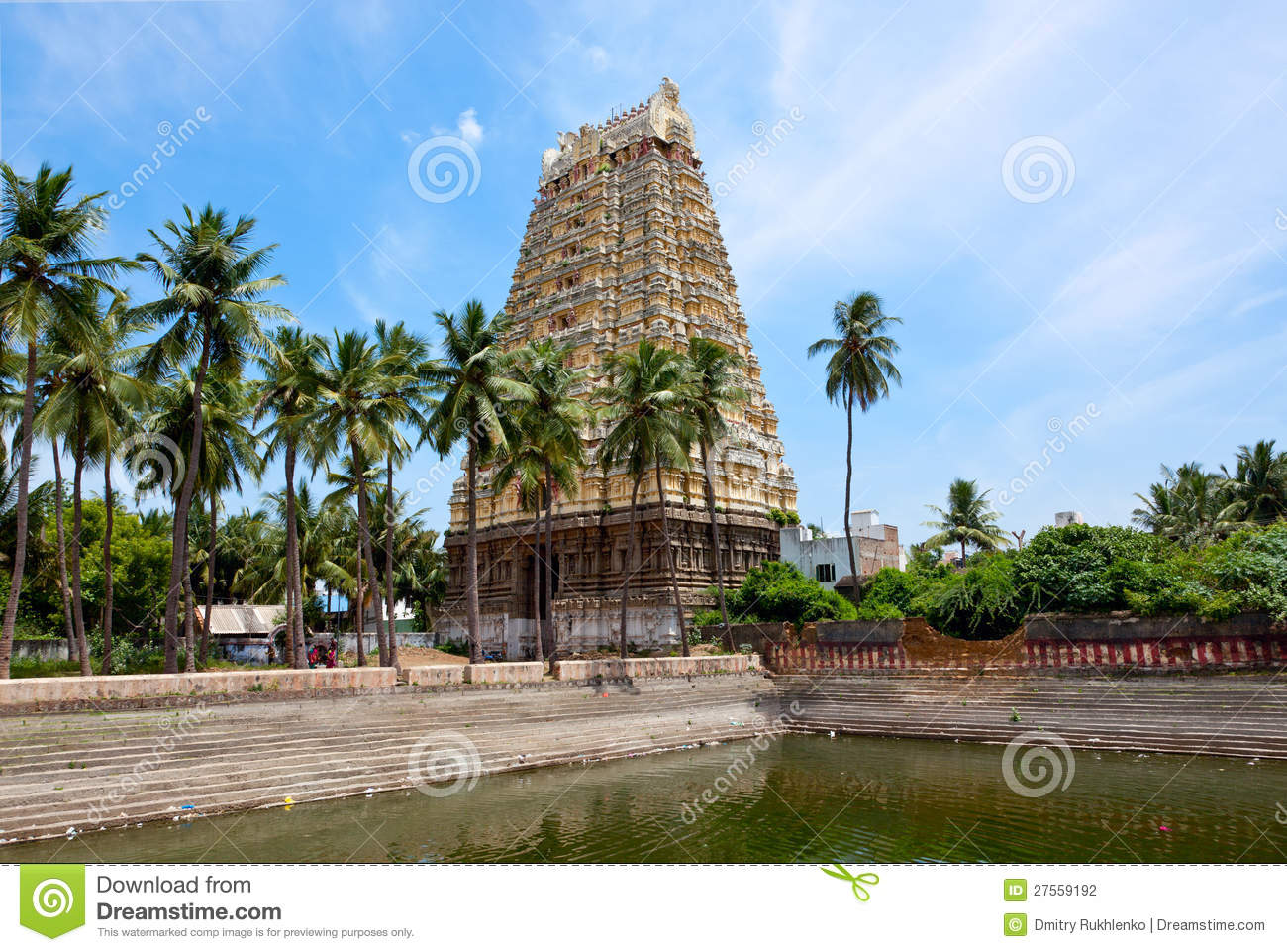 Tower And Temple Tank Of Indian Dravidian Temple Stock Photography. Tower And Temple Tank Of Indian Dravidian Temple Stock Photography.
