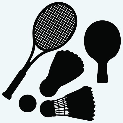 Ping pong, tennis and badminton racket and shuttlecocks.