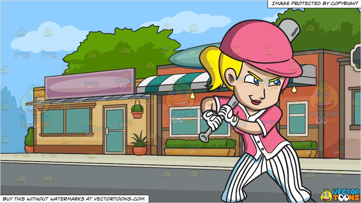 A Female Baseball Player Fiercely Eyes A Ball Before Batting For A Home Run  and A Row Of Small Stores Background.