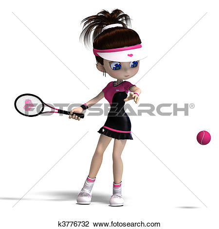 Clip Art of sporty toon girl in pink clothes plays tennis. 3D.