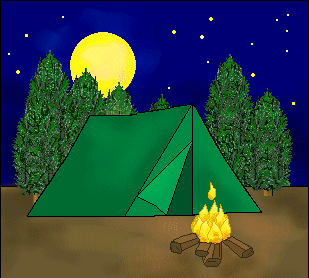 Camping clip art night scene with green tent.