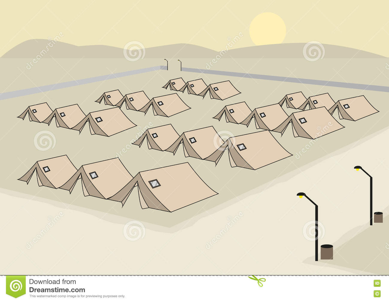 Rows Of Tents Concept For Army Or Refugee Camp. Editable Clip Art. Rows Of Tents Concept For Army Or Refugee Camp. Editable Clip Art.