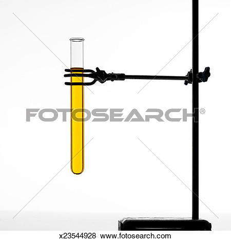 Pictures of test tube holding yellow liquid placed on a stand.